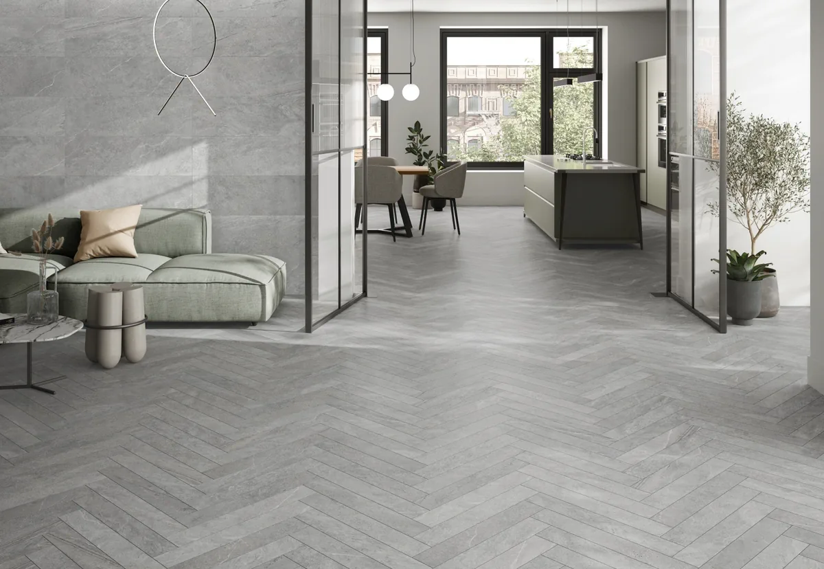 Gres Colorker PREMIERE efekt beton - aranzacja w nowoczesnym salonie