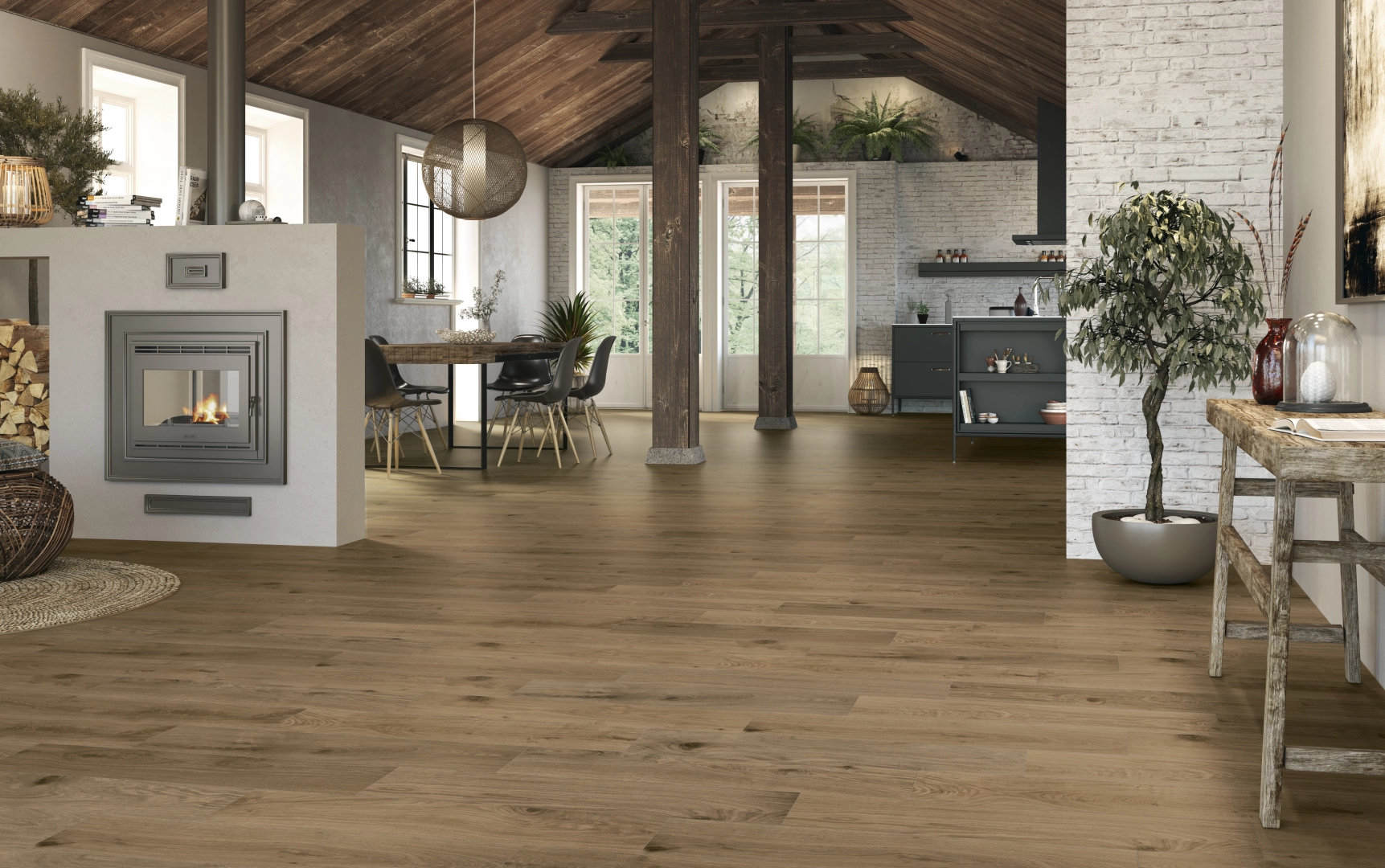 Gres Colorker COLUMBIA efekt drewno - aranzacja w nowoczesnym salonie