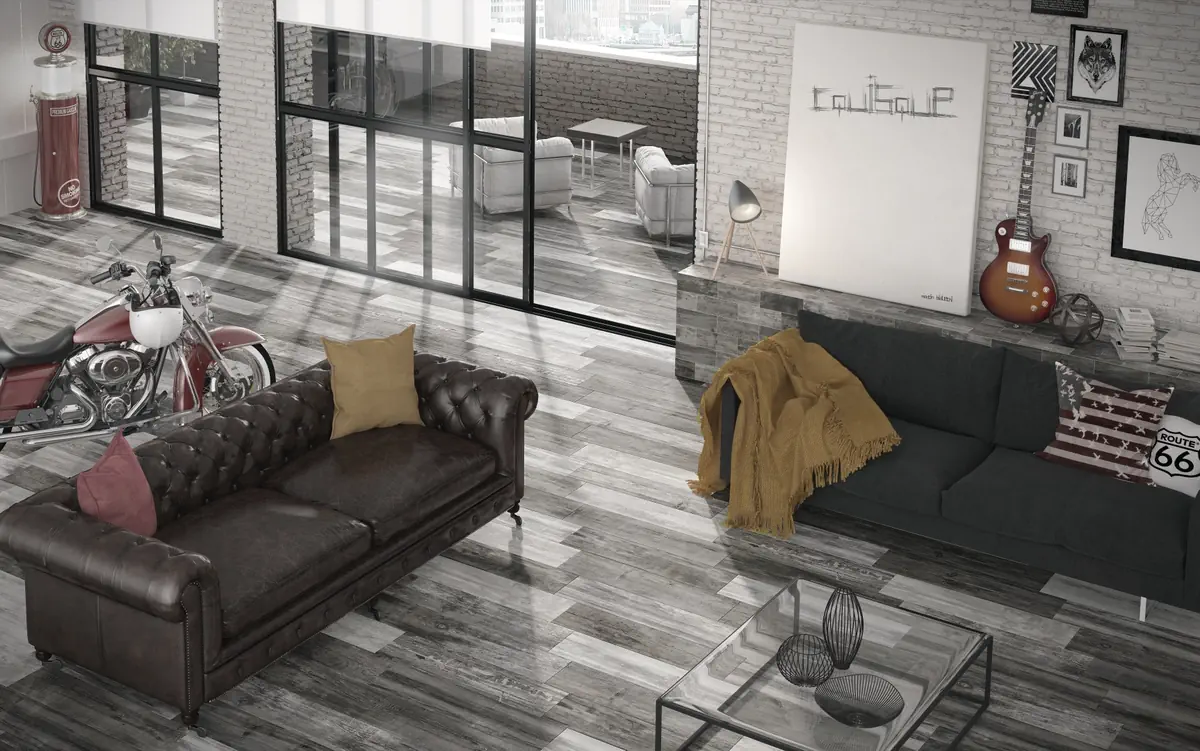 Gres Colorker RETRO efekt drewno - aranzacja w strefie dziennej z duzymi przeszkleniami