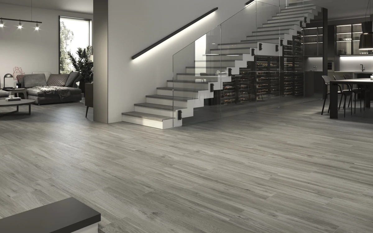 Gres Colorker LAKEVIEW efekt drewno - aranzacja w minimalistycznym wnetrzu