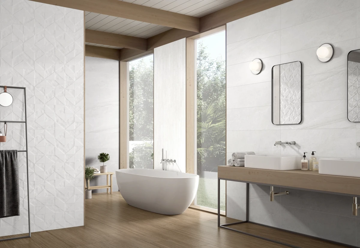 Gres Colorker PREMIERE efekt beton - aranzacja w korytarzu z naturalnym swiatlem