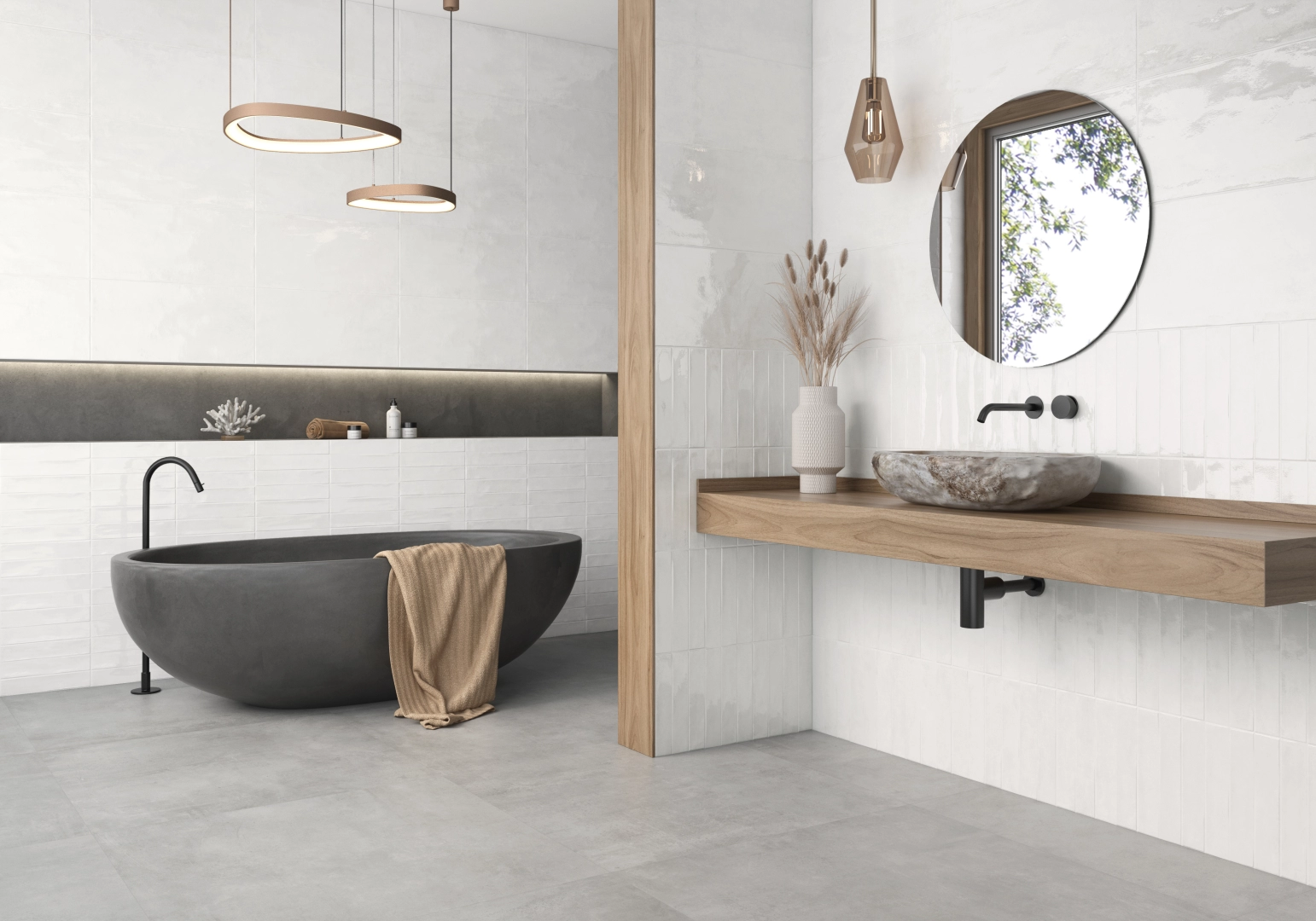 Gres Colorker NUANCE efekt beton - aranzacja w korytarzu z naturalnym swiatlem