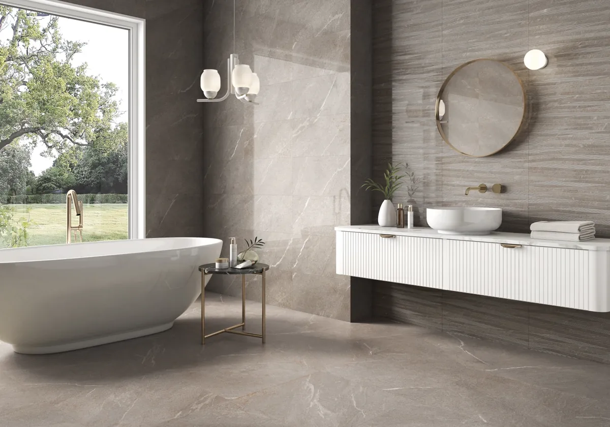 Gres Colorker DHARA efekt kamień - aranzacja w eleganckiej lazience