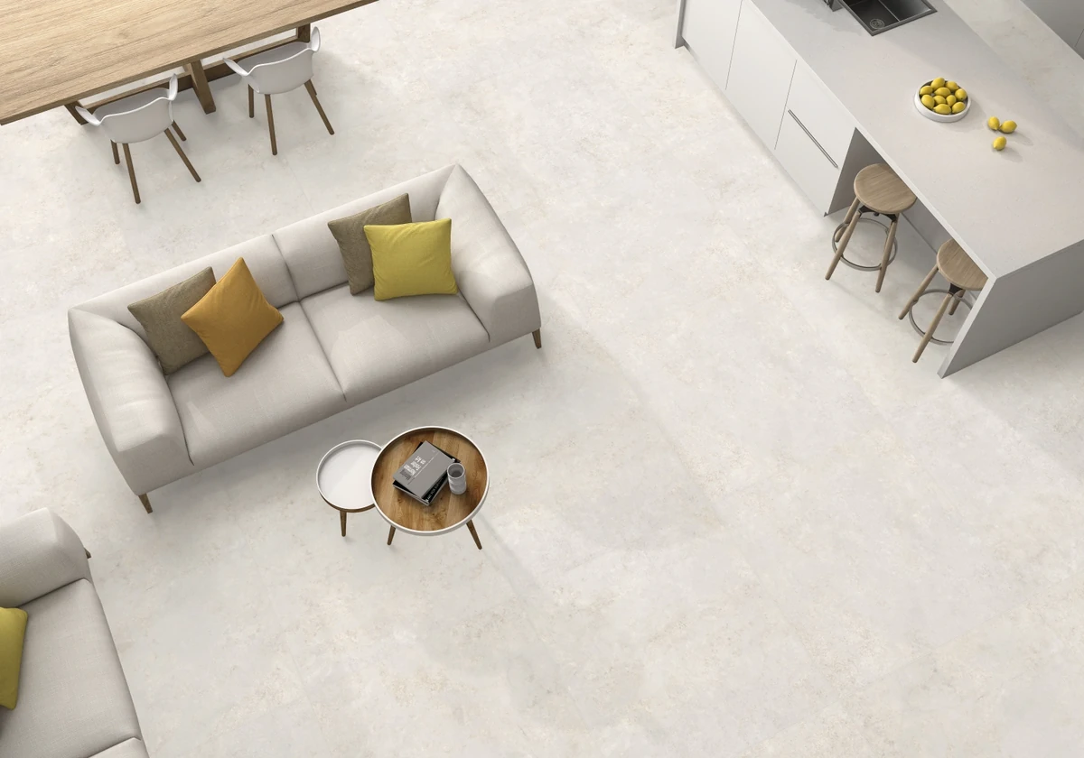 Gres Colorker PANAMERA efekt beton - aranzacja w nowoczesnym salonie