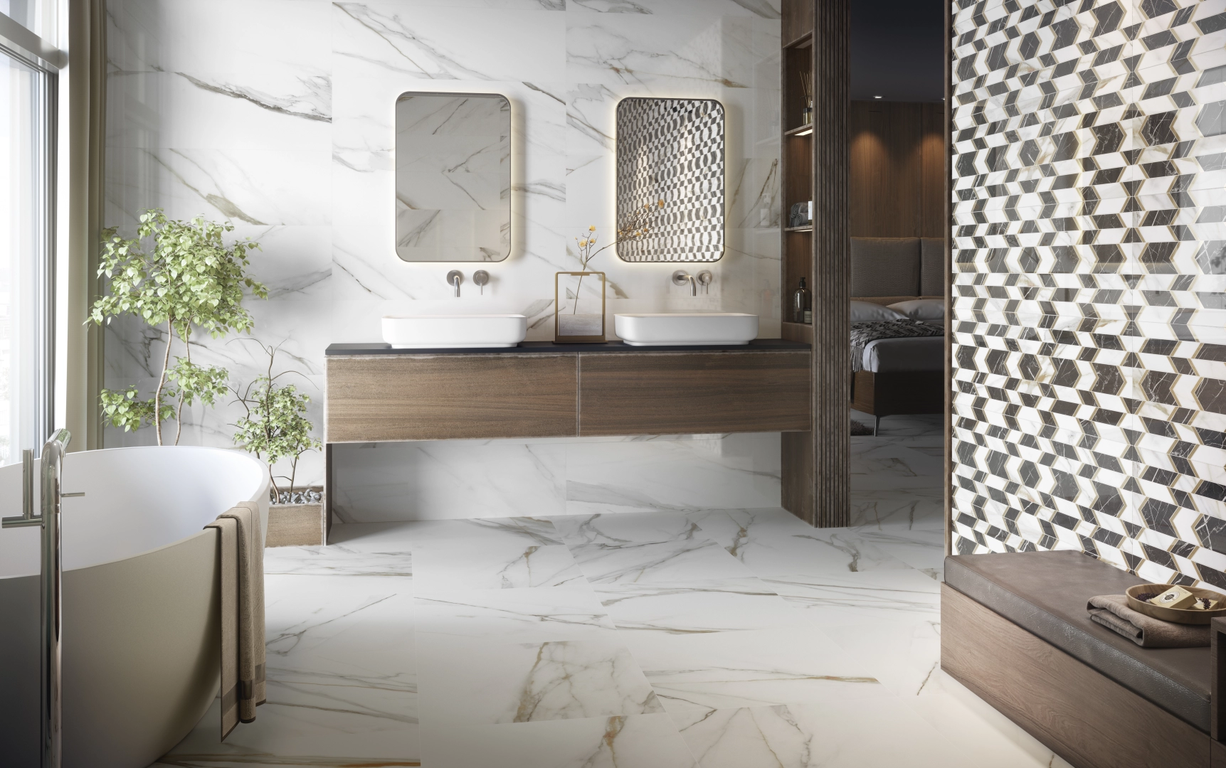 Gres Colorker CALACATTA GOLD efekt marmur - aranzacja w nowoczesnym salonie
