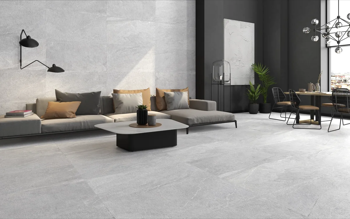 Gres Colorker HORIZON efekt kamień - aranzacja w minimalistycznym wnetrzu
