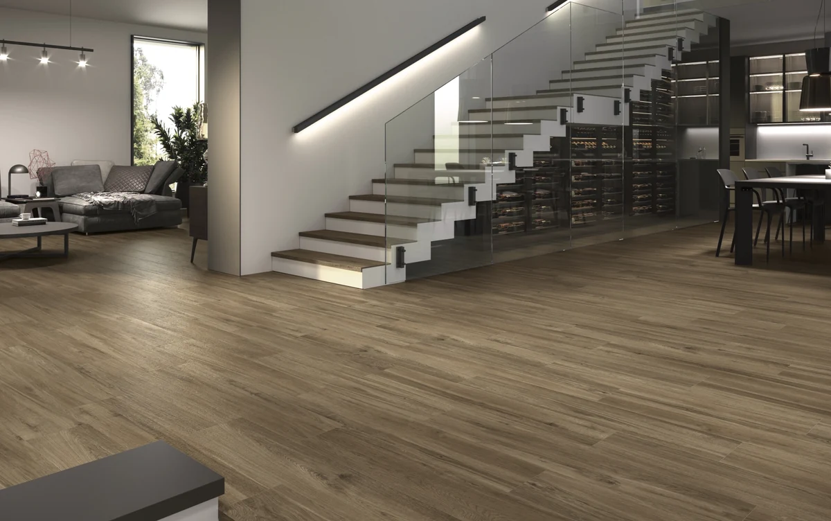 Gres Colorker LAKEVIEW efekt drewno - aranzacja w eleganckiej lazience