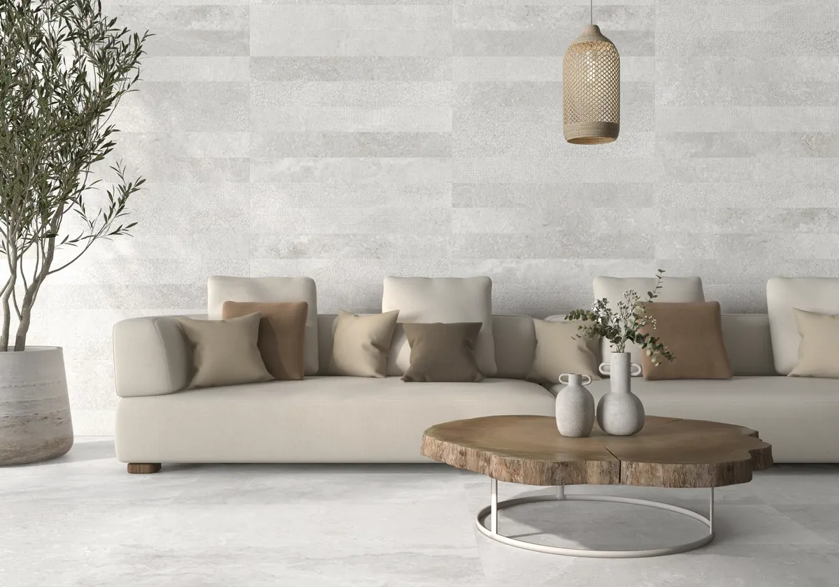 Gres Colorker SOLANGE efekt kamień - aranzacja w minimalistycznym wnetrzu