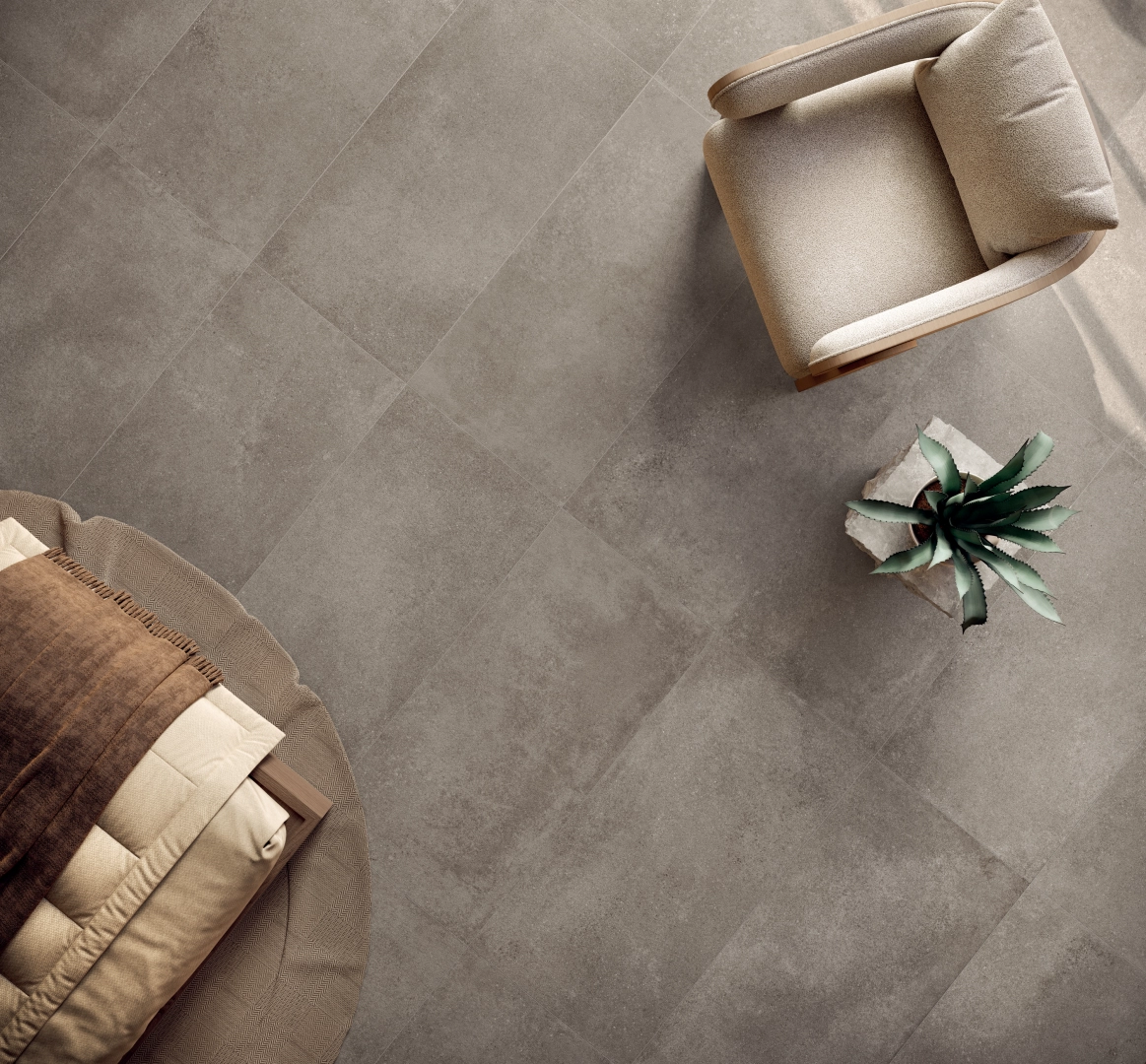 Gres Cotto D'este ARKETIPO efekt beton - aranzacja w korytarzu z naturalnym swiatlem
