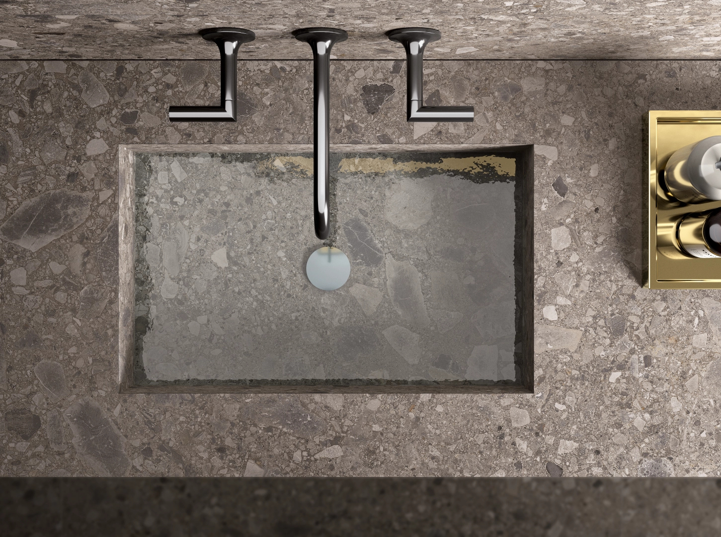 Gres Cotto D'este PIETRA D'ISEO efekt terrazzo - aranzacja w strefie dziennej z duzymi przeszkleniami