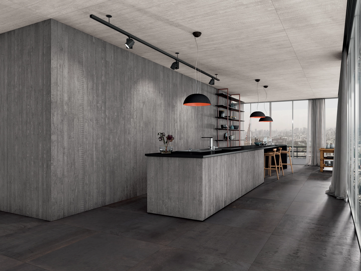 Gres Cotto D'este CEMENT PROJECT efekt beton - aranzacja w przy kominku
