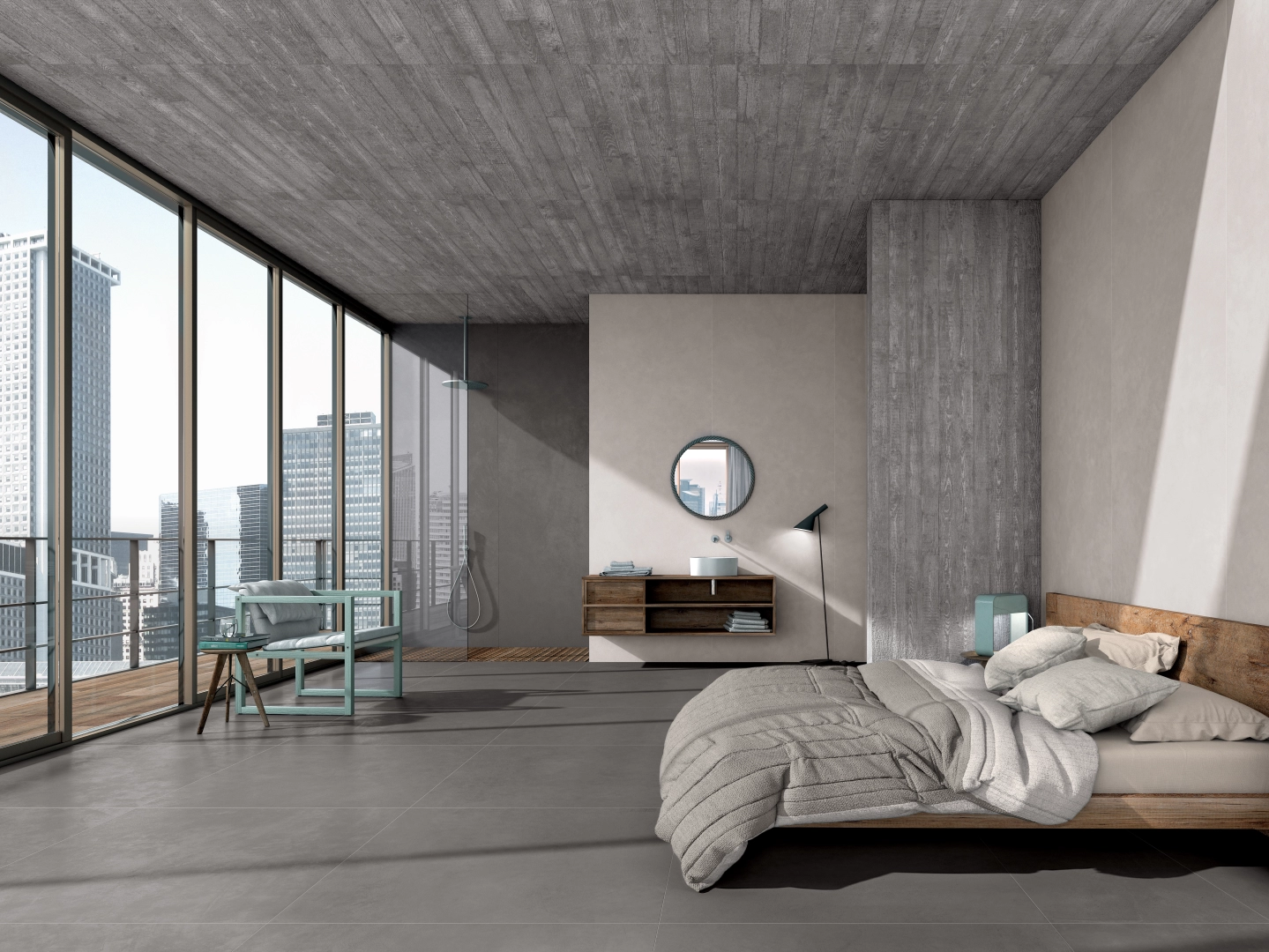 Gres Cotto D'este CEMENT PROJECT efekt beton - aranzacja w nowoczesnym salonie
