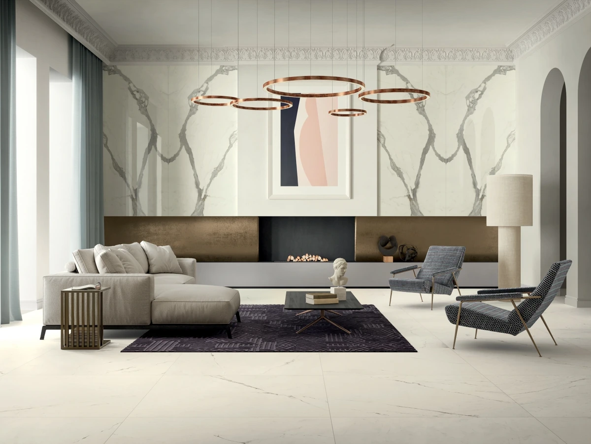 Gres Cotto D'este VANITY efekt marmur - aranzacja w przy kominku