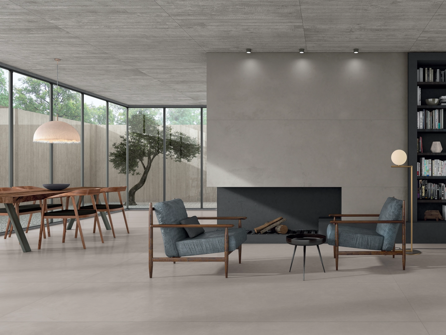 Gres Cotto D'este CEMENT PROJECT efekt beton - aranzacja w przestronnym holu