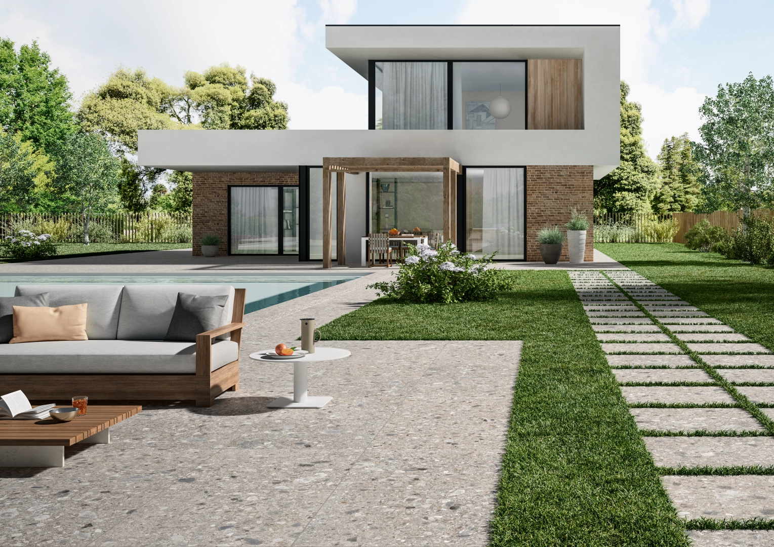 Gres Cotto D'este PIETRA D'ISEO efekt terrazzo - aranzacja w nowoczesnym salonie