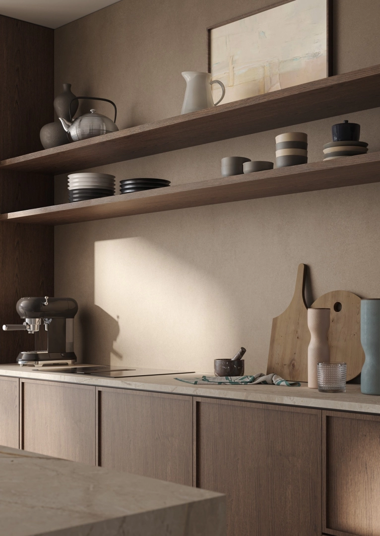 Płytki Marazzi Grande Concrete Look imitujące beton w eleganckim holu i salonie