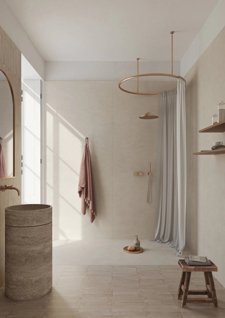 Płytki gresowe Marazzi Grande Concrete Look efekt beton w nowoczesnym salonie z drewnianymi akcentami