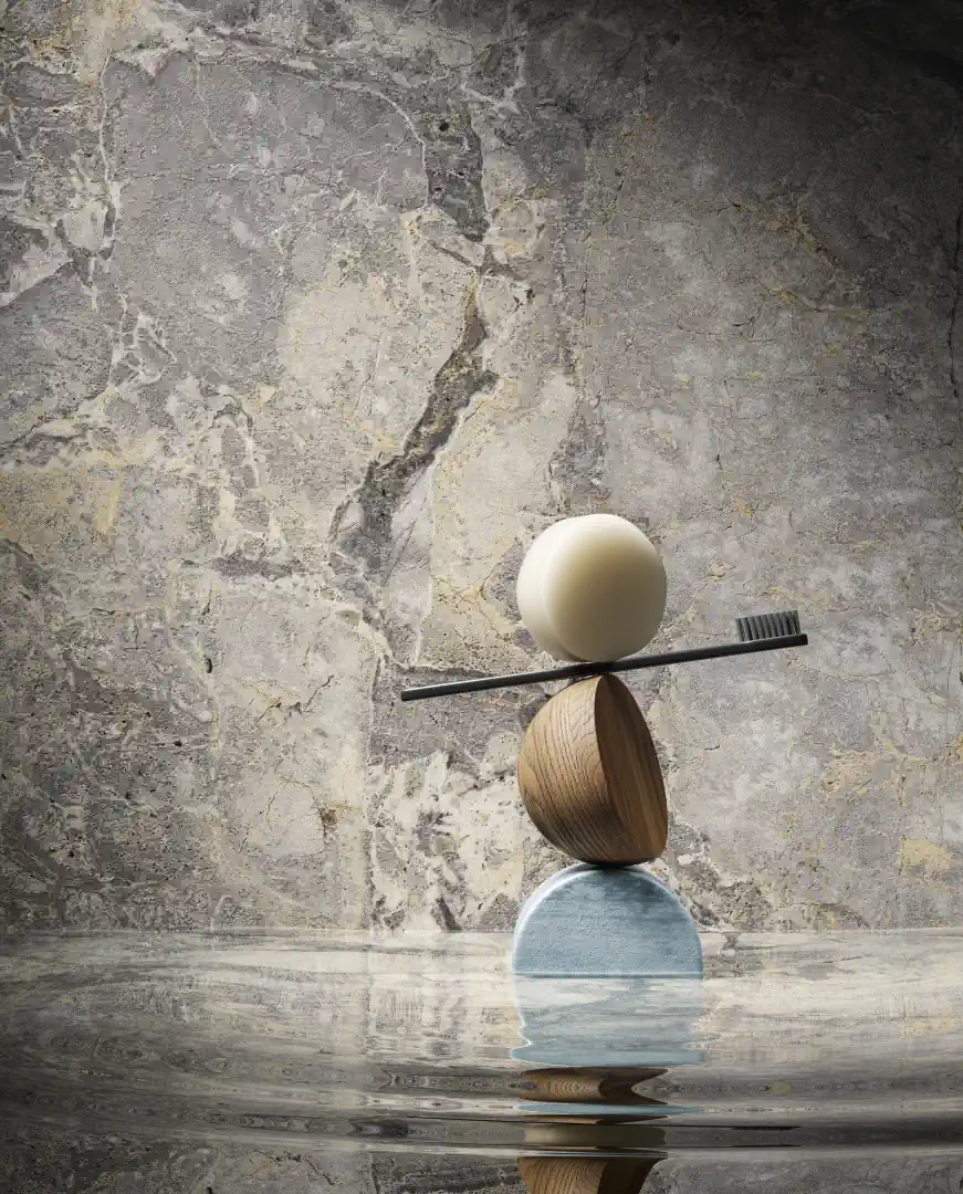 Gres Delconca MARBLE EDITION efekt kamień, marmur - aranzacja w minimalistycznym wnetrzu