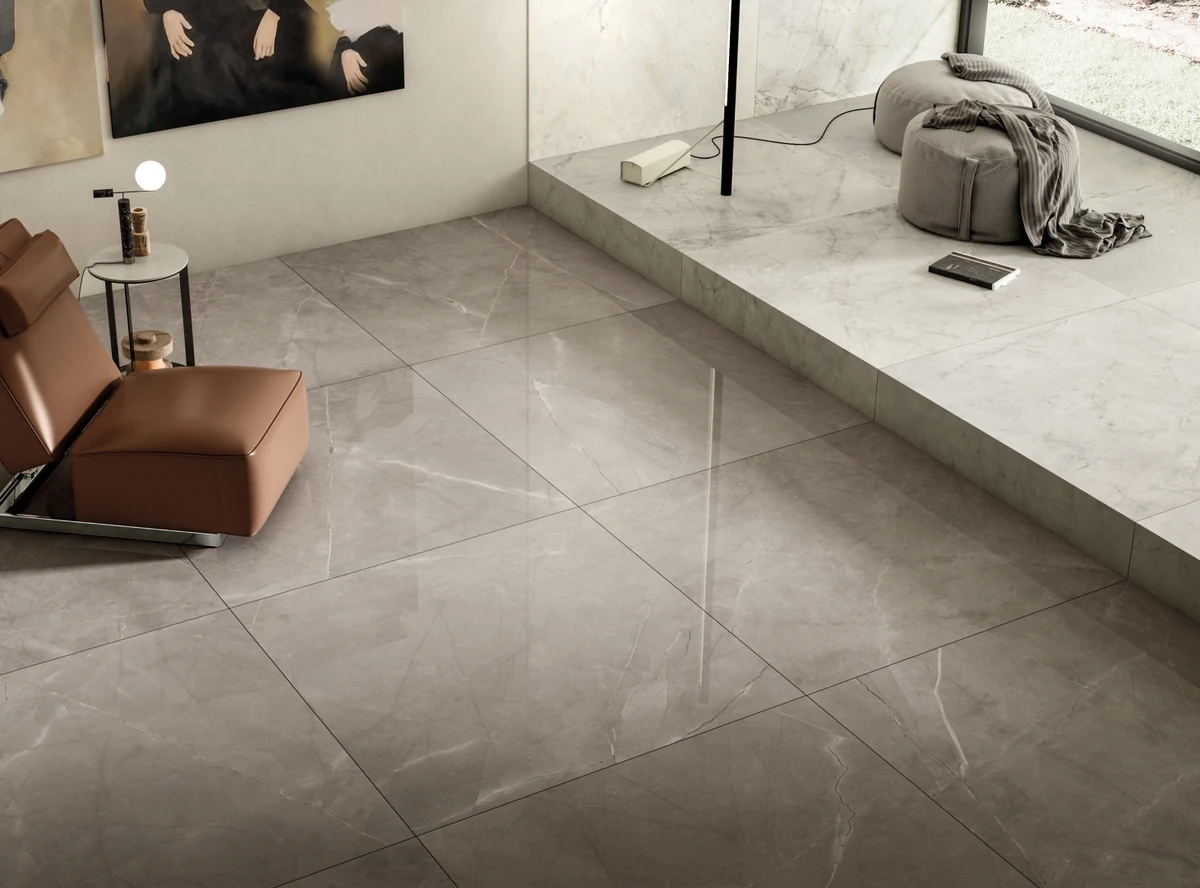 Gres Delconca BOUTIQUE efekt marmur, kamień - aranzacja w minimalistycznym wnetrzu