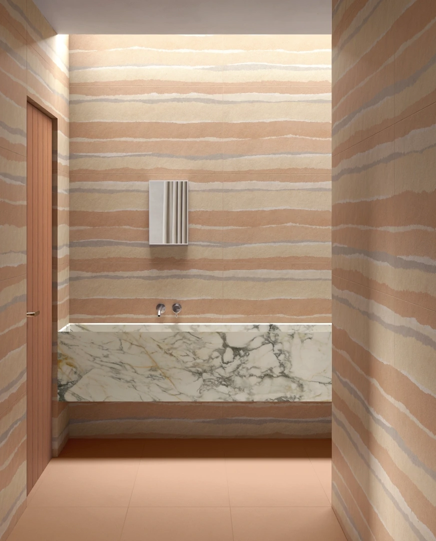 Gres Delconca BIOTERRE efekt kamień - aranzacja w eleganckiej lazience
