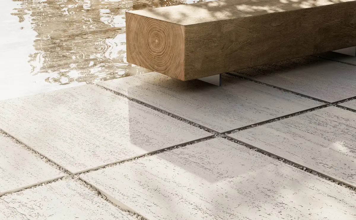 Gres Delconca OUTDOOR EDITION efekt marmur, kamień, drewno - aranzacja w eleganckiej lazience