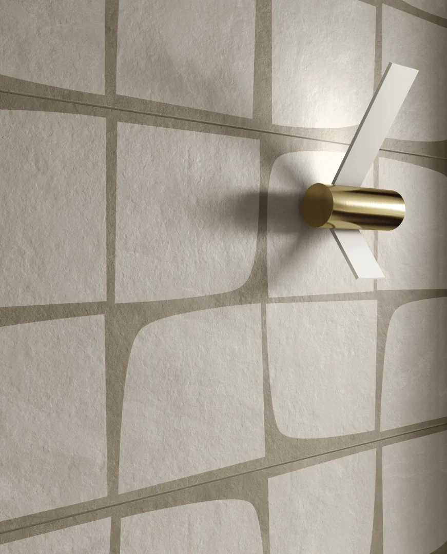 Gres Delconca NESTING efekt kamień - aranzacja w eleganckiej lazience