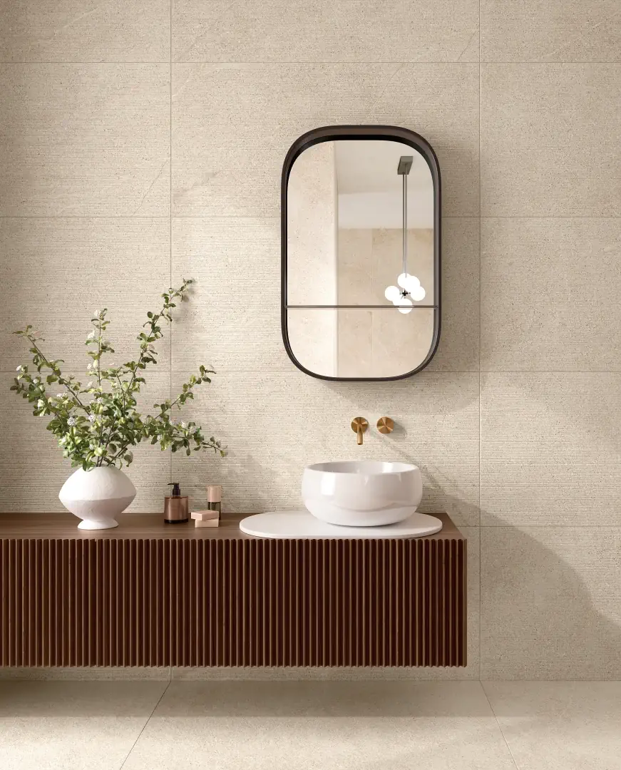 Gres Delconca SENSORIA efekt kamień - aranzacja w eleganckiej lazience