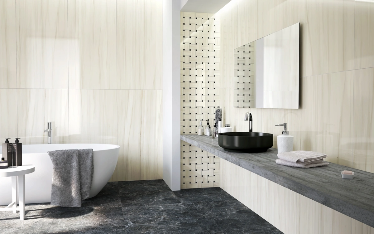 Gres Delconca BOUTIQUE efekt marmur, kamień - aranzacja w przy kominku