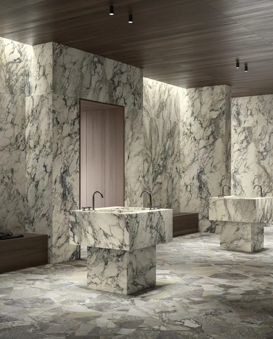 Gres Delconca MARBLE EDITION efekt kamień, marmur - aranzacja w eleganckiej lazience