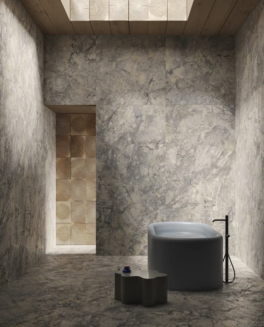 Gres Delconca MARBLE EDITION efekt kamień, marmur - aranzacja w strefie dziennej z duzymi przeszkleniami