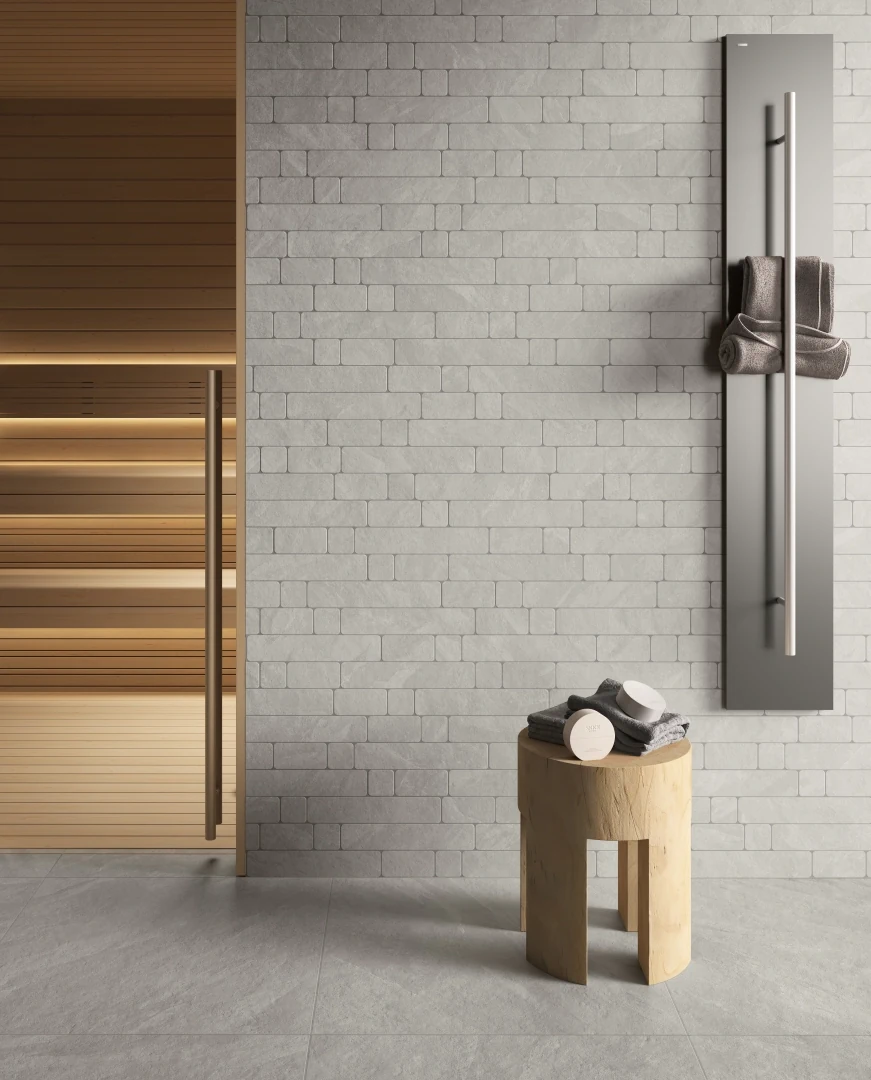 Gres Delconca NESTING efekt kamień - aranzacja w minimalistycznym wnetrzu