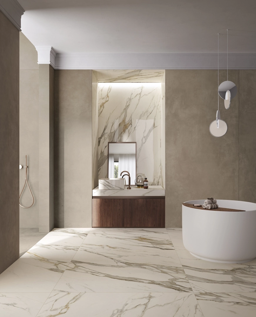 Gres Delconca TIMELINE efekt beton, kolor - aranzacja w eleganckiej lazience
