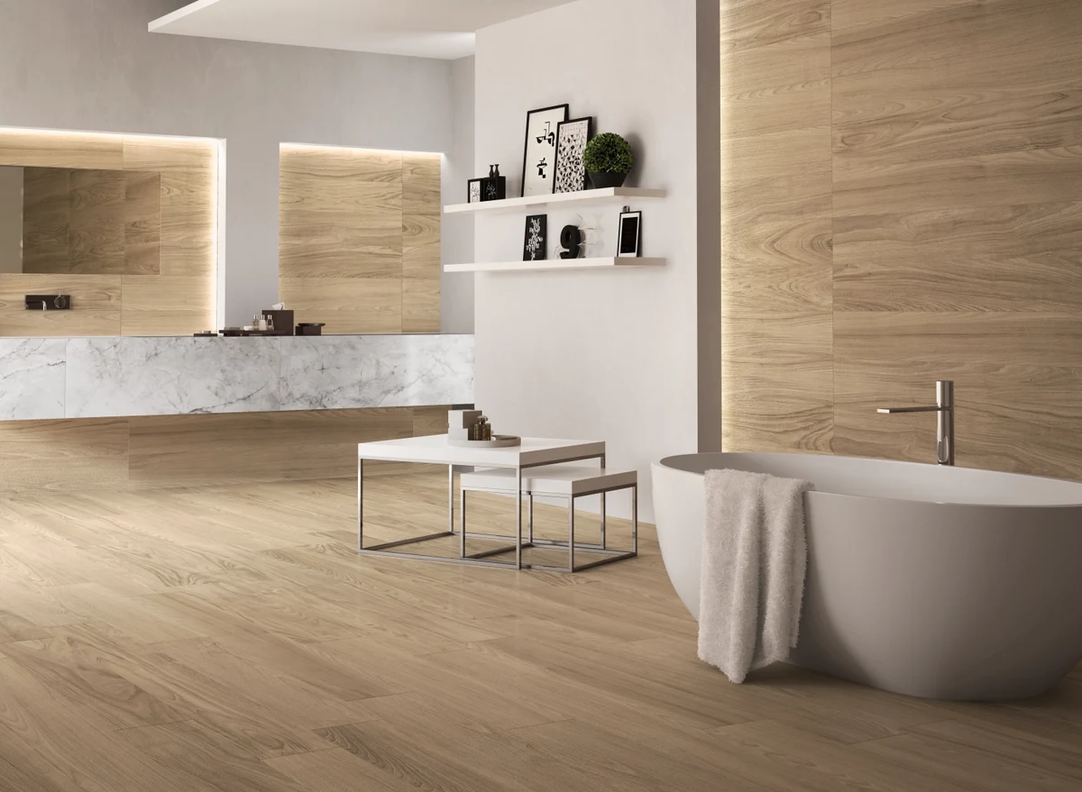 Gres Delconca ST. REGIS efekt drewno - aranzacja w eleganckiej lazience