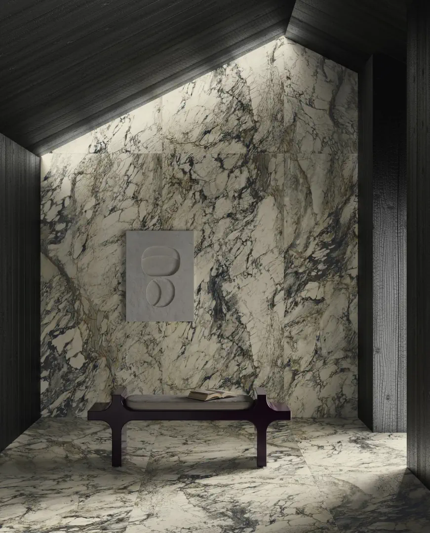 Gres Delconca MARBLE EDITION efekt kamień, marmur - aranzacja w przy kominku