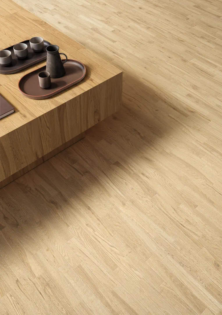 Gres Emil PLAYWOOD efekt drewno - aranzacja w minimalistycznym wnetrzu