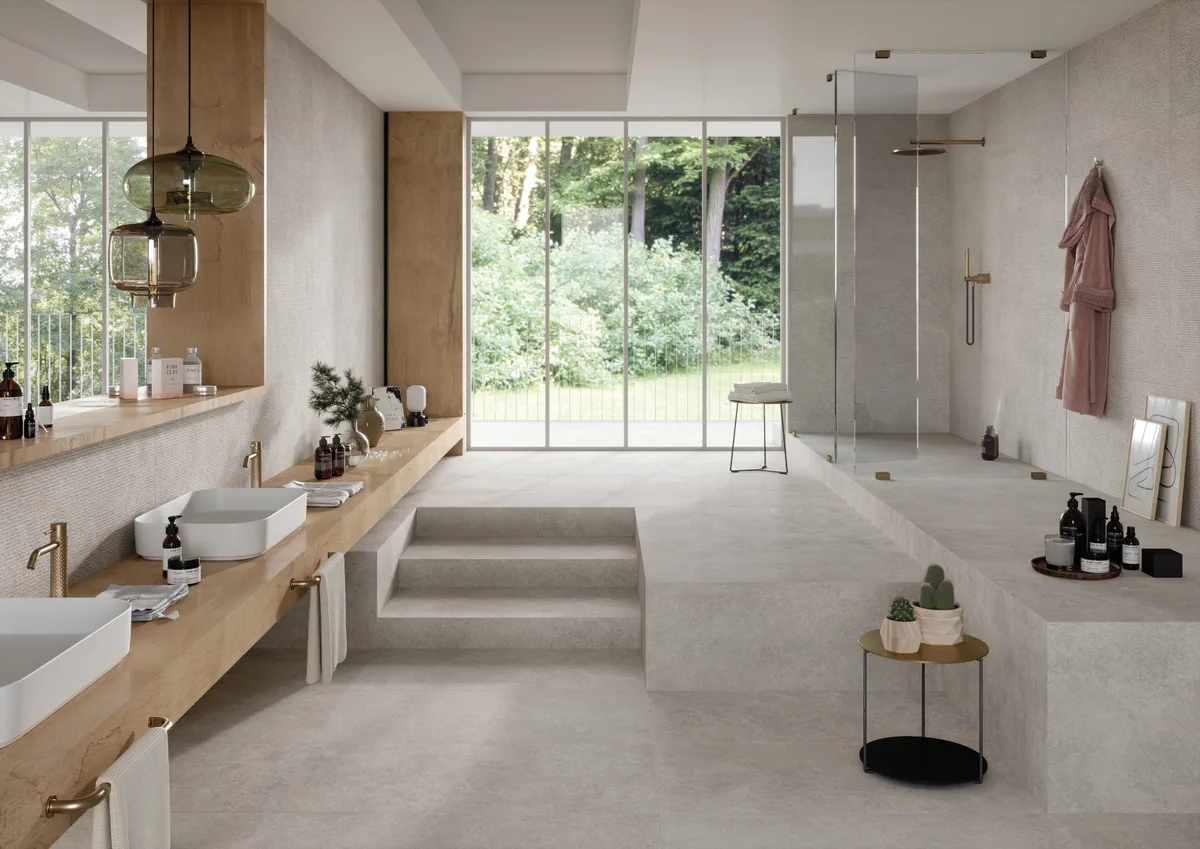 Gres Emil LANDSCAPE efekt kamień - aranzacja w eleganckiej lazience
