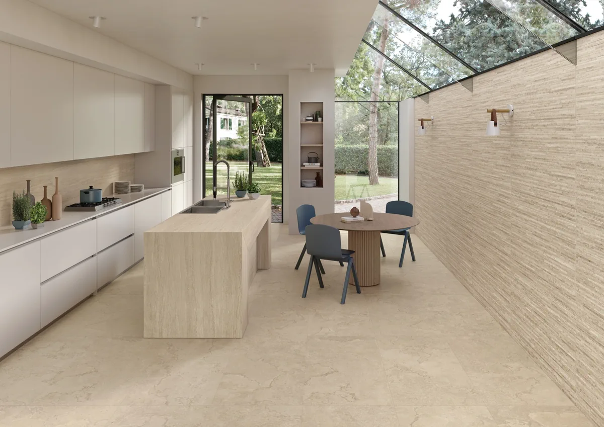 Gres Ergon PORTLAND STONE efekt kamień - aranzacja w minimalistycznym wnetrzu
