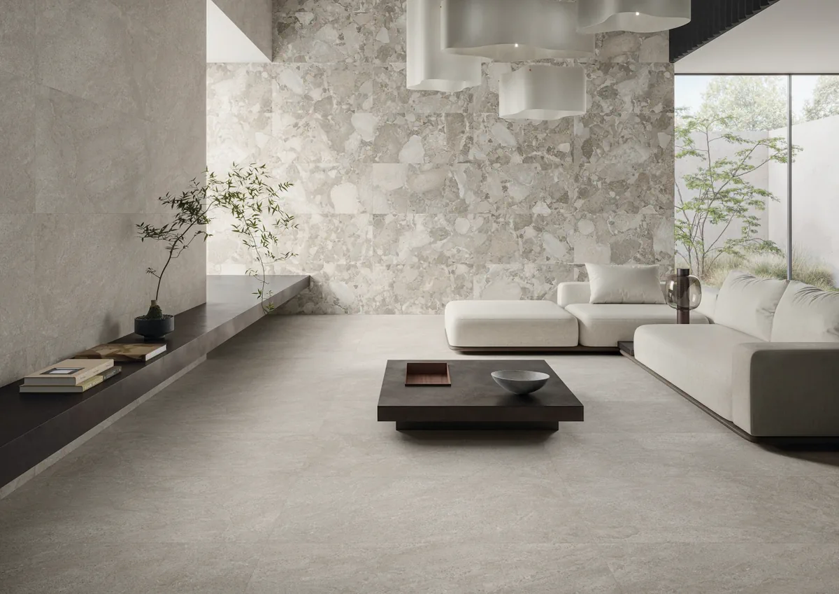 Gres Ergon MATERA STONE efekt kamień, - aranzacja w przy kominku