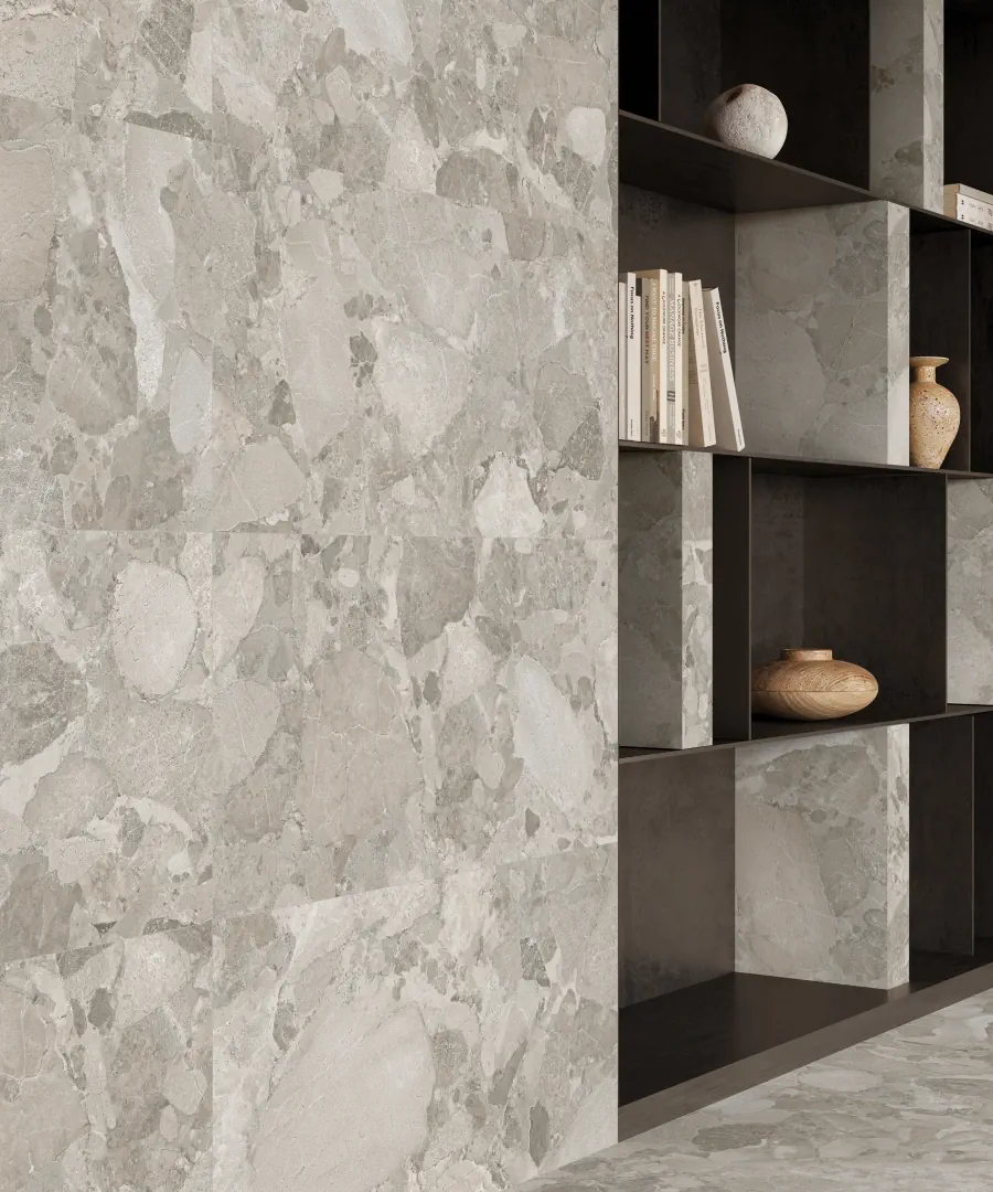 Gres Ergon MATERA STONE efekt kamień, - aranzacja w przy kominku