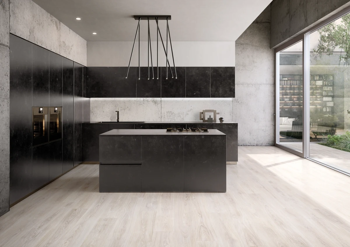Gres Ergon WOODTOUCH efekt drewno - aranzacja w przy kominku