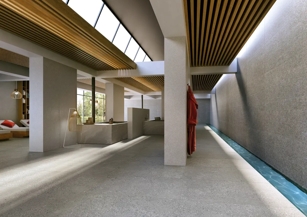 Gres Ergon GRAIN STONE efekt terrazzo - aranzacja w eleganckiej lazience