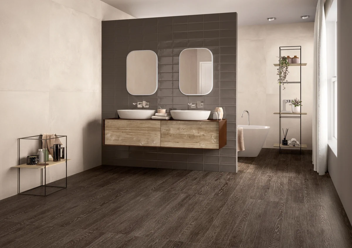Gres Ergon TR3ND efekt beton, drewno - aranzacja w nowoczesnym salonie