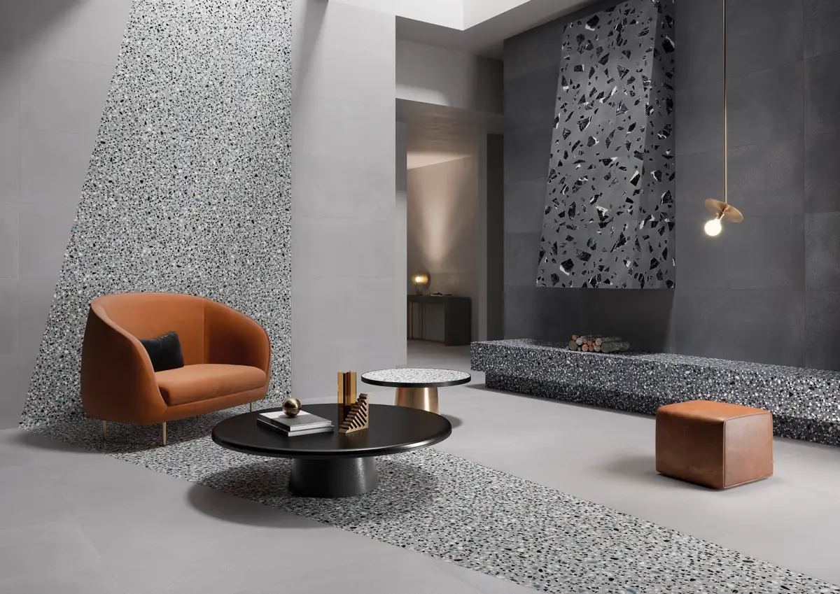 Gres Ergon MEDLEY efekt terrazzo - aranzacja w przestronnym holu