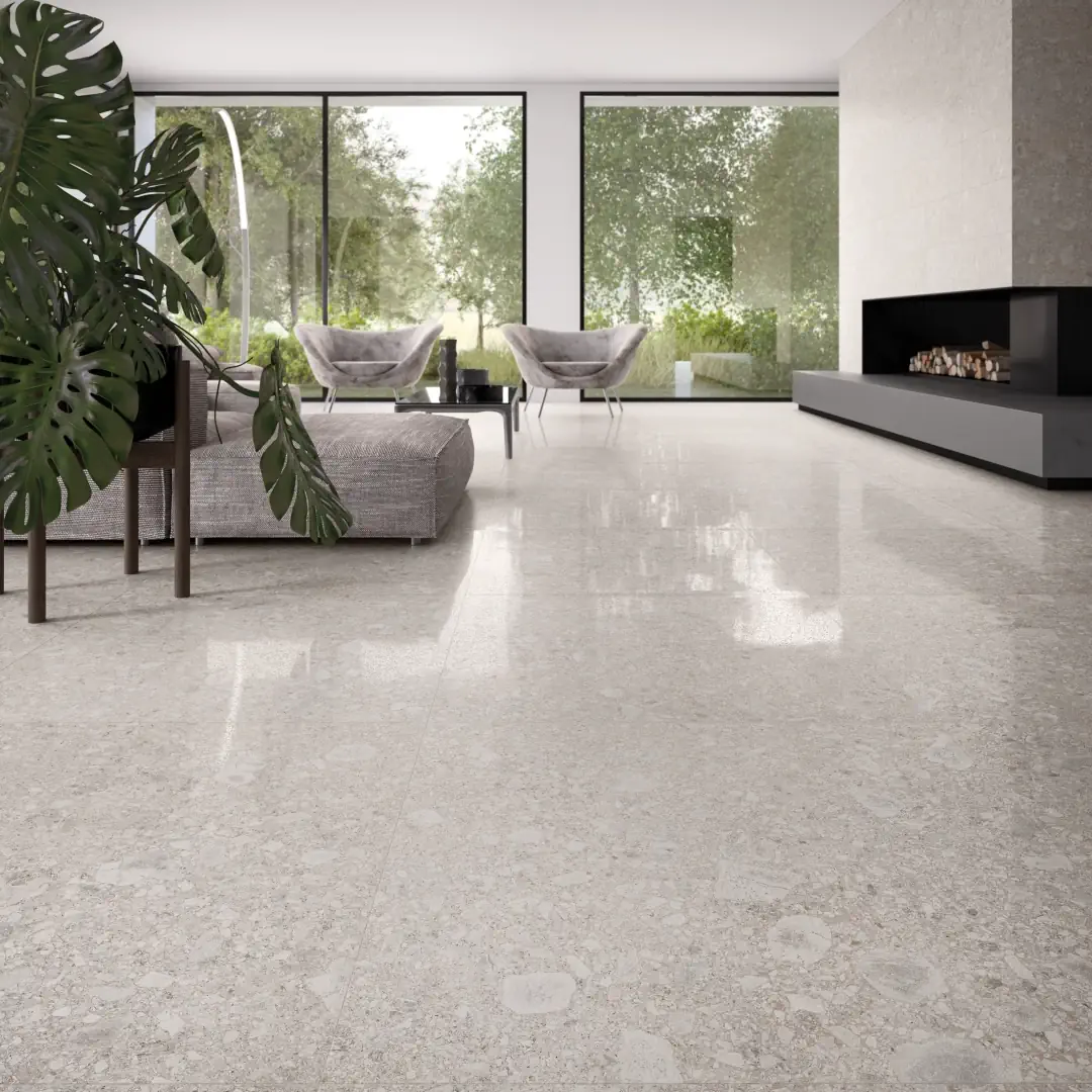 Gres Ergon LOMBARDA efekt terrazzo - aranzacja w przy kominku