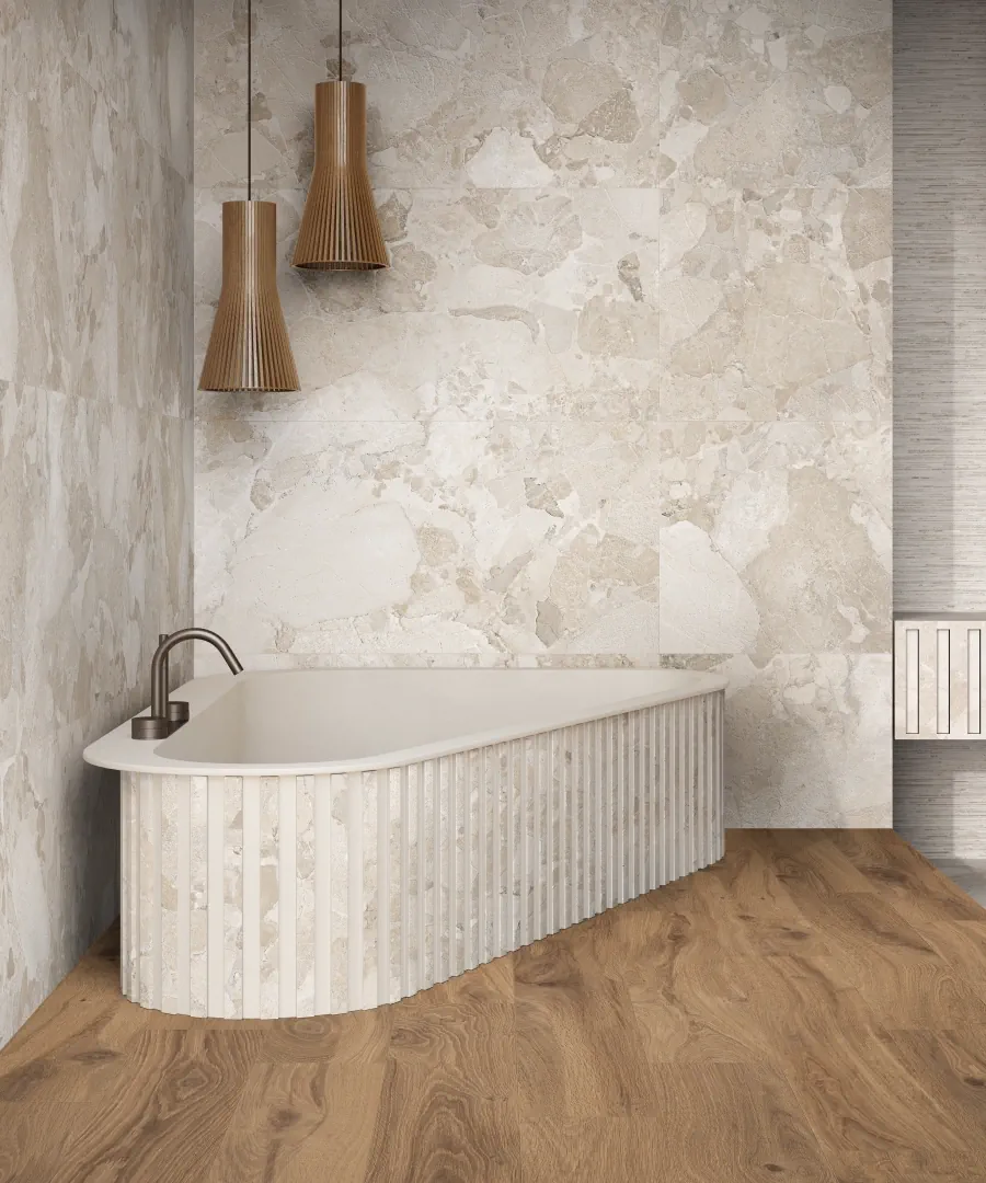 Gres Ergon MATERA STONE efekt kamień, - aranzacja w korytarzu z naturalnym swiatlem