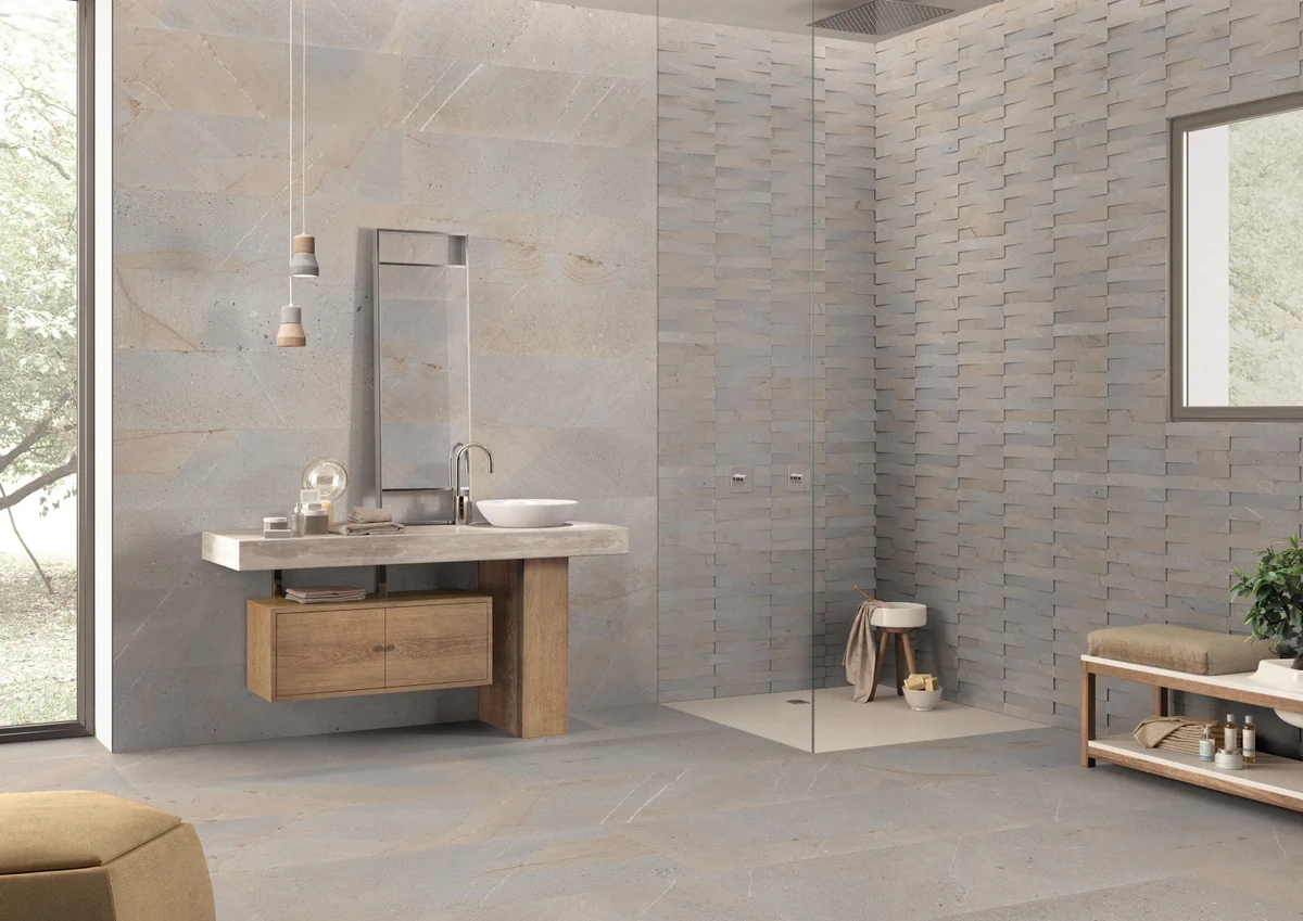 Gres Ergon CORNERSTONE efekt kamień - aranzacja w eleganckiej lazience
