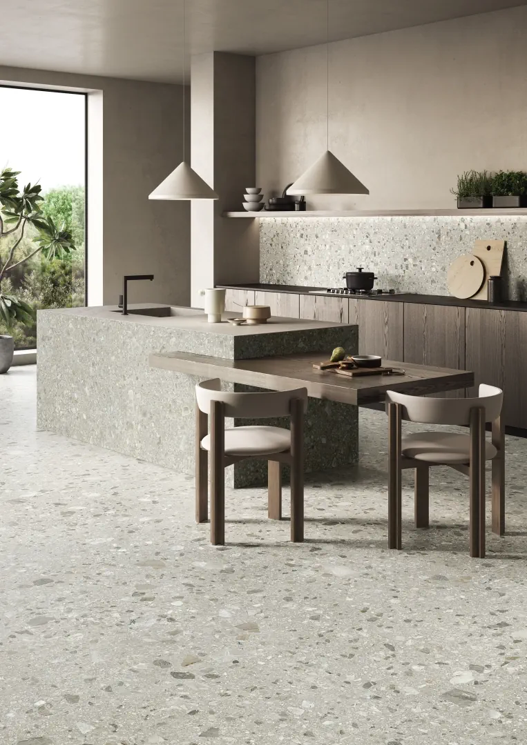 Gres Ergon LOMBARDA efekt terrazzo - aranzacja w eleganckiej lazience