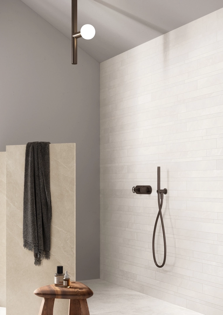 Gres Ergon CORNERSTONE EVOLUTION efekt kamień - aranzacja w minimalistycznym wnetrzu