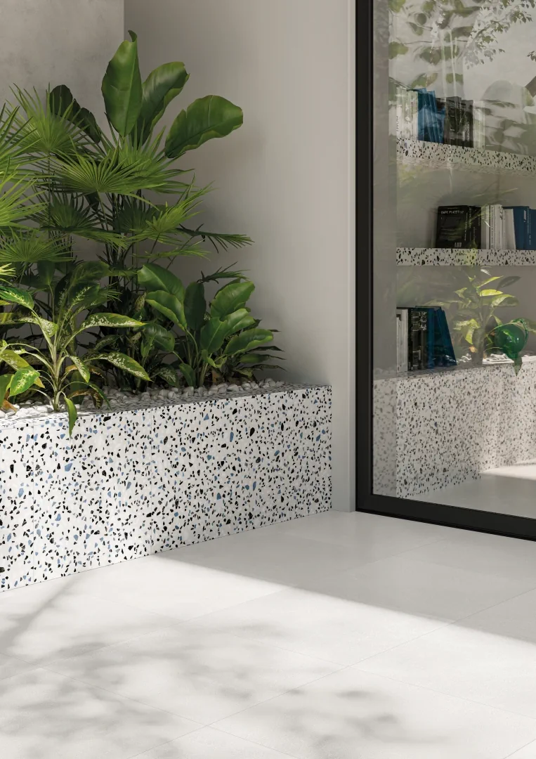 Gres Ergon MEDLEY efekt terrazzo - aranzacja w minimalistycznym wnetrzu