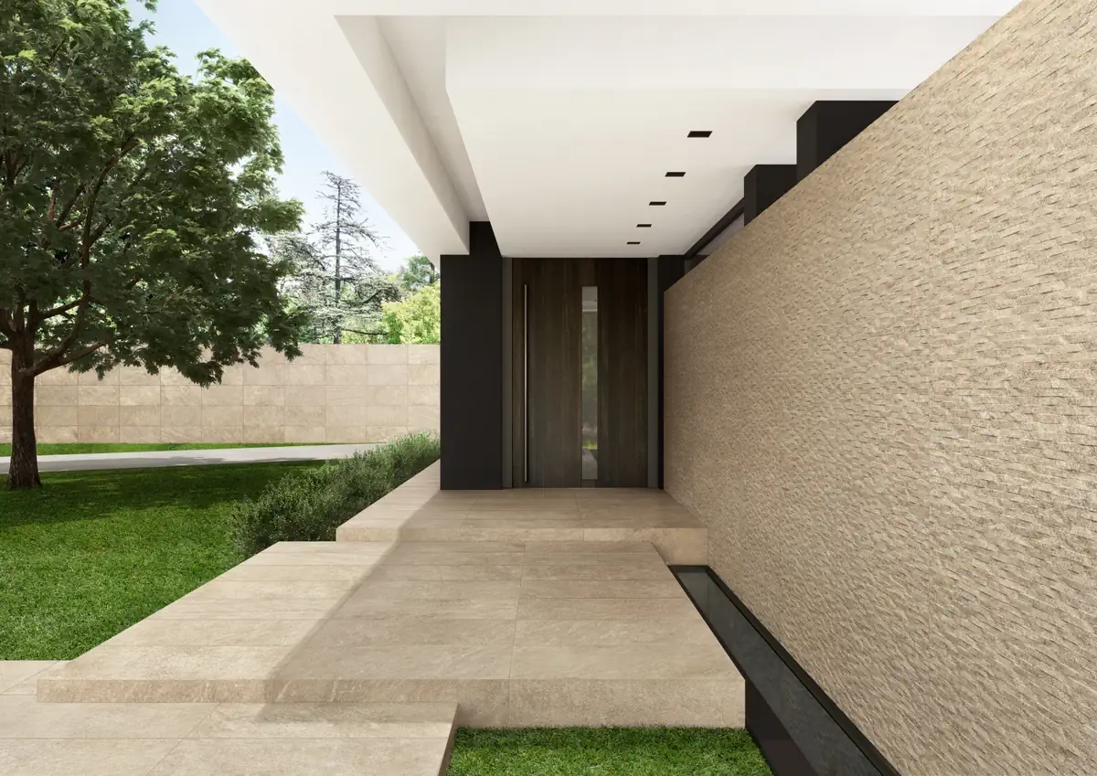 Gres Ergon OROS STONE efekt kamień - aranzacja w minimalistycznym wnetrzu